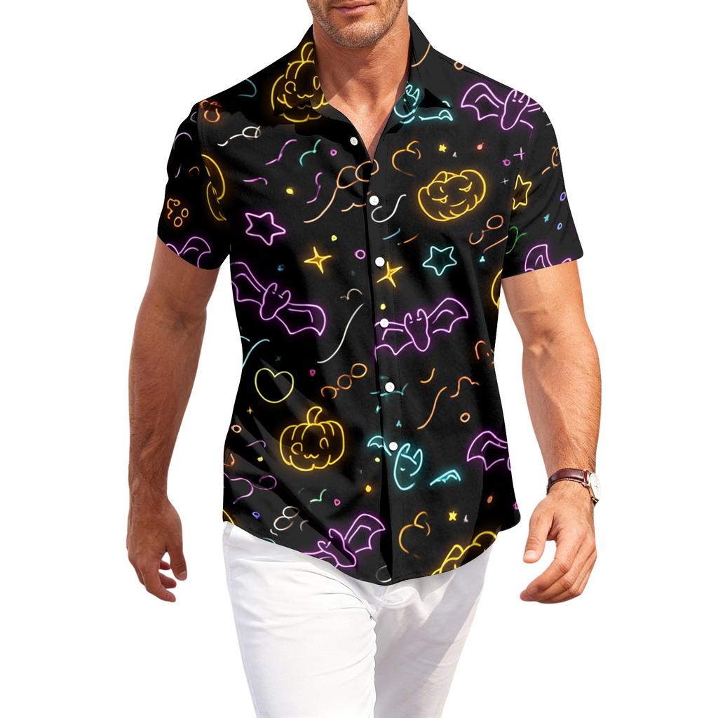 Men Short Sleeve Button Down Shirt with Halloween Themed Printed Design Casual Fit Lightweight Material Suitable for Daily Wear