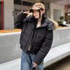 Women's Dark Blue Retro Winter Fur Collar Hooded Short Cotton Coat