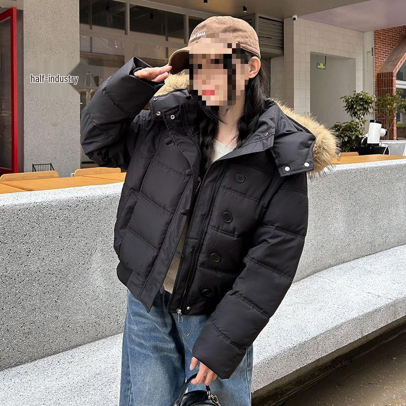 Women's Dark Blue Retro Winter Fur Collar Hooded Short Cotton Coat