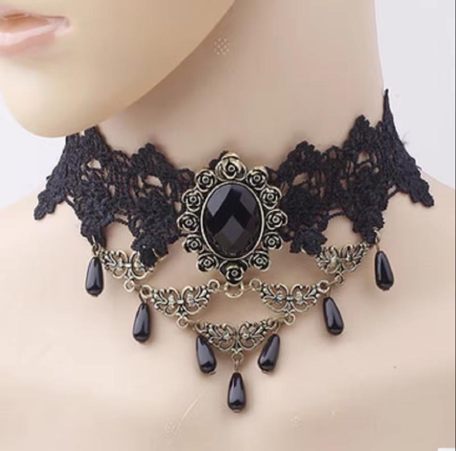 Gothic Victorian Black Lace Necklace Women Girl Boho Crystal Tassel Sexy Lace Choker Dark Loli Style Holiday Party Girl Jewelry