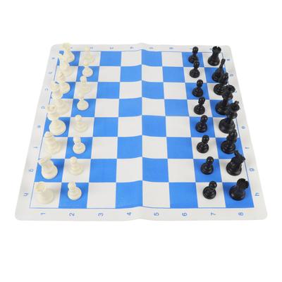 Chess Set Adults Kids Plastic Pieces Portable Folding Roll Up Travel Board Game PU Leather Blue White Grid Chessboard