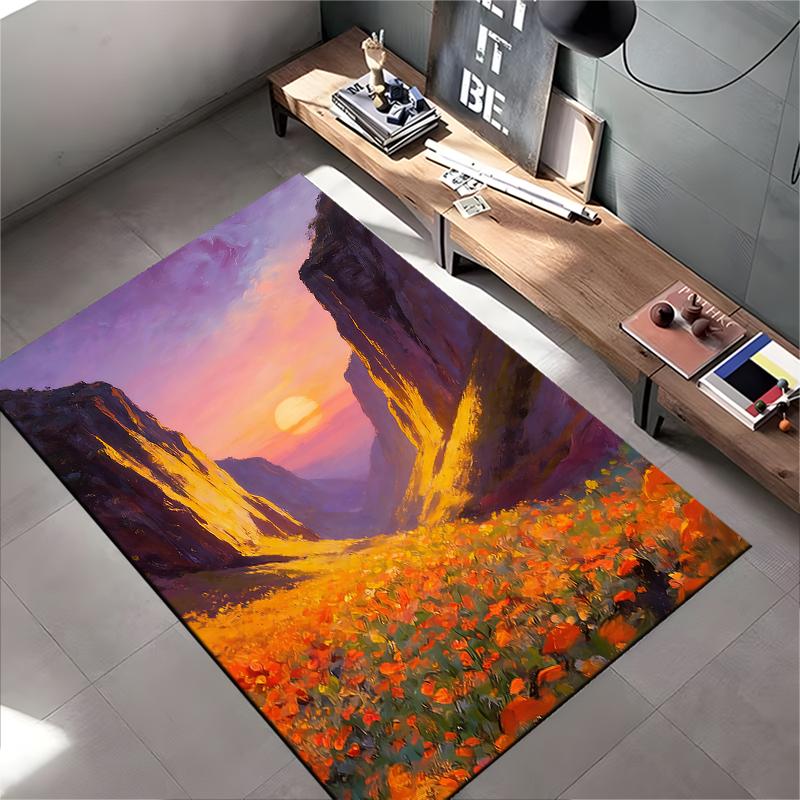 Sunset Landscape Carpet with Orange Flowers and Mountain View Design Suitable for Use As an Anti-slip for Living Room Bedroom Sofas