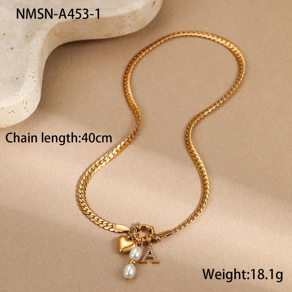 GEMCHIC Women's Stainless Steel Gold Plated Chain Necklace with Pearl Heart and Letter Charm Pendant Fashion Jewelry