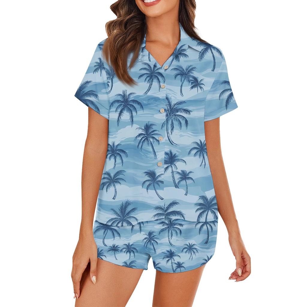Women's Ice Silk Pajamas Button Homewear Hawaiian Print Short Sleeve Satin Pajama Set