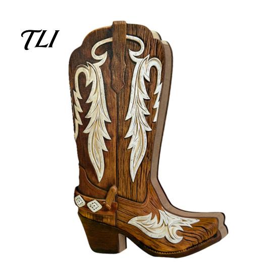 Wooden Floral Container for Dried Flowers Cowboy Boots Wall Planter Indoor Plants, Western Boot Flower Hanging Vase Vintage Mounted Faux Flower,