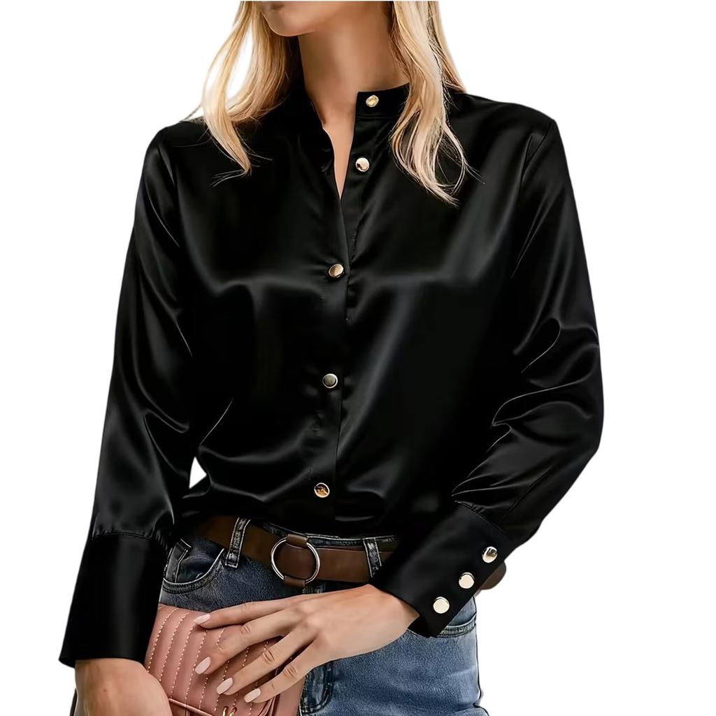 Damen Modisches Lässiges Langarmshirt mit Weitem Kragen Stehkragen Top