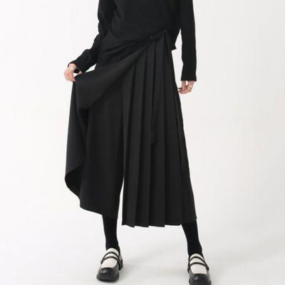Women Pants Dark Style Black Solid Color Pleated Fake Two-piece Irregular High Street Loose Wide Leg Casual Individual Mid-calf Length Culottes