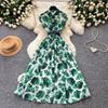 French light and mature style retro printing lapel dress women's summer sleeveless waist and thin pendulum temperament long dress