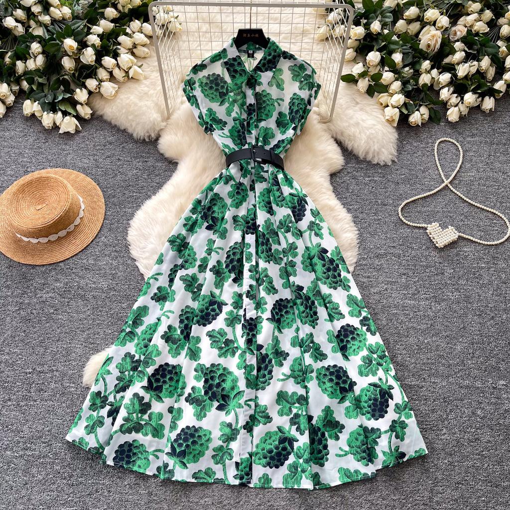 French light and mature style retro printing lapel dress women's summer sleeveless waist and thin pendulum temperament long dress