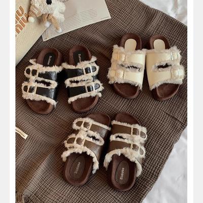 Traubenmutter im gleichen Stil, Doppelschnalle mit dicksohligen, lässigen Zehentrenner-Hausschuhen aus flauschigem Birkenleder für Damen-Herbst- und Winterbekleidung