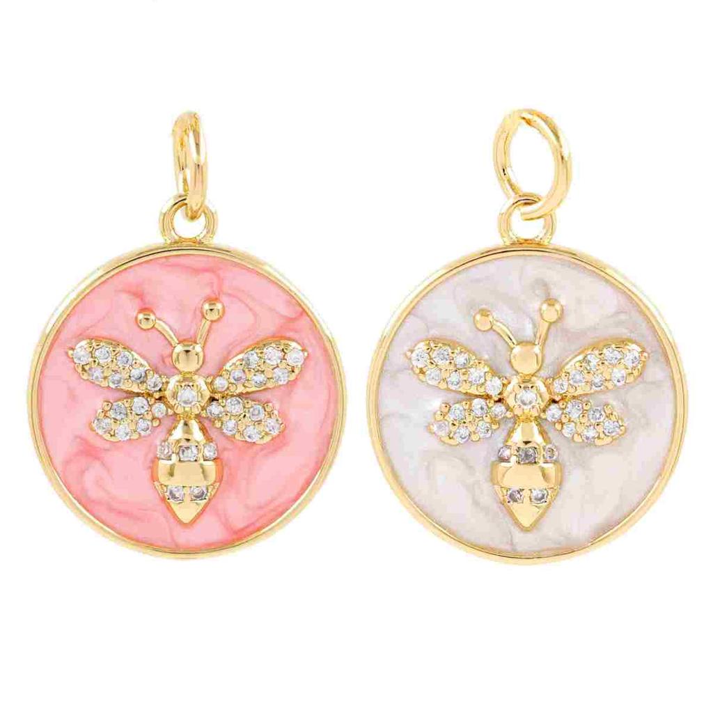 Trendy Gold Plated Bee Charms Pendant Jewelry Copper Inlaid Zircon Round Enamel Insects Necklace Pendant Accessories DIY Jewelry