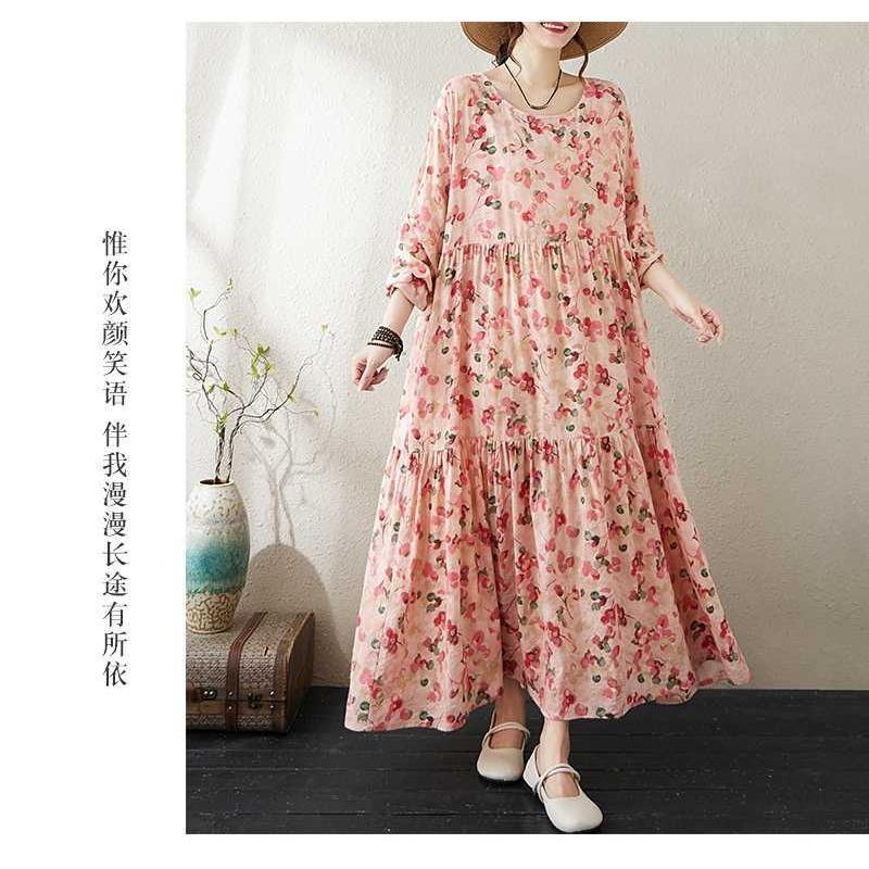 Round Neck Long Sleeve Loose Apparent Big Swing A-line Dress