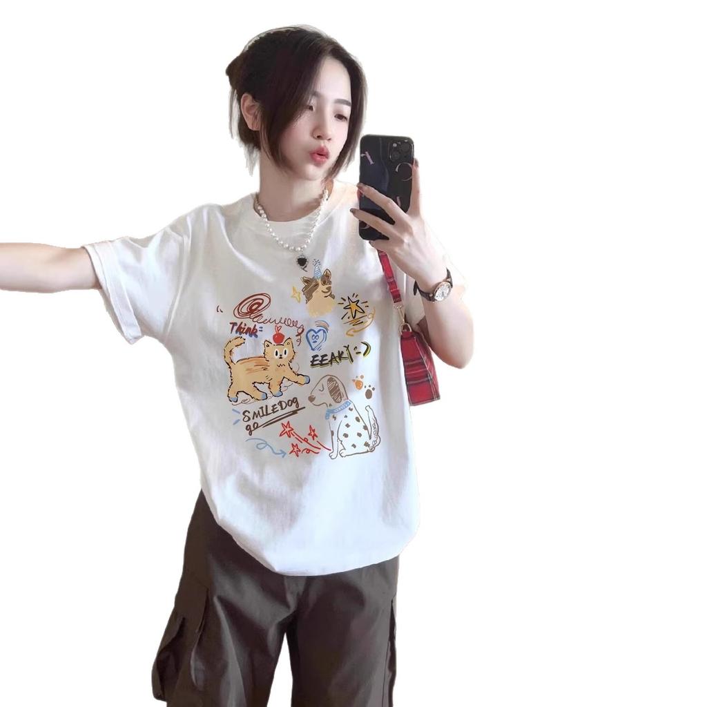 American Cartoon Printed Large Size Fat MM Short-sleeved T-shirt Women's Summer Loose Ins Trendy Brand Casual Couple Half-sleeved Top