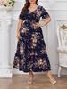 Mode Zomer Casual Jurk V-hals Korte Mouw Print Patchwork Trekkoord Grote Maten Casual Jurken voor Vrouwen