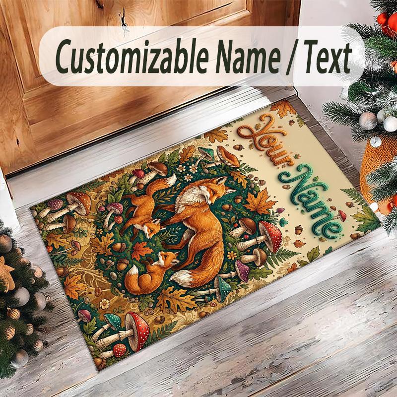Covor de podea din catifea de cristal cu tematică vulpe, personalizat cu nume și text, covor cald pentru decorarea casei