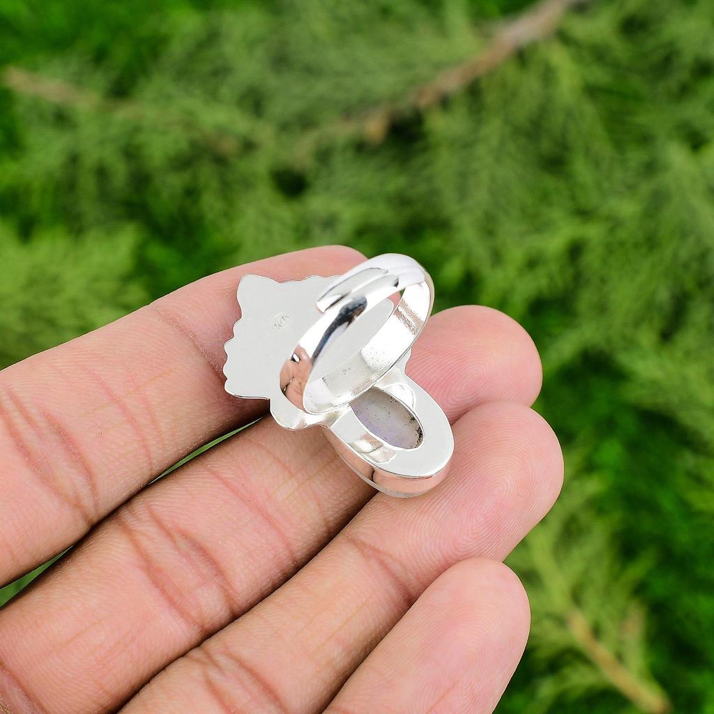 Easter Deal 925 Sterling Silver Natural Rainbow Moonstone Solitaire Wedding Ring