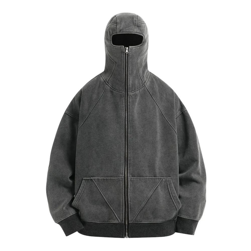 RogueWave Classic Balaclava Hoodie Men Washed Gray Ninja Pullover Sweatshirt Hip Hop Splicing Y2k Vintage Winter Streetwear Couple Tops