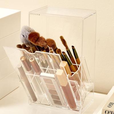 Front Flap Lid Makeup Brush Holder Clear Cosmetic Brush Storage Box Acrylic Makeup Brush Holder Slant Desk Makeup Tool Container