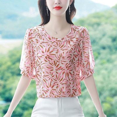 Summer New Print Half Sleeve Top Mom's Fashion Temperament Chiffon Shirt Round Collar Bottoming Blouse M-5XL