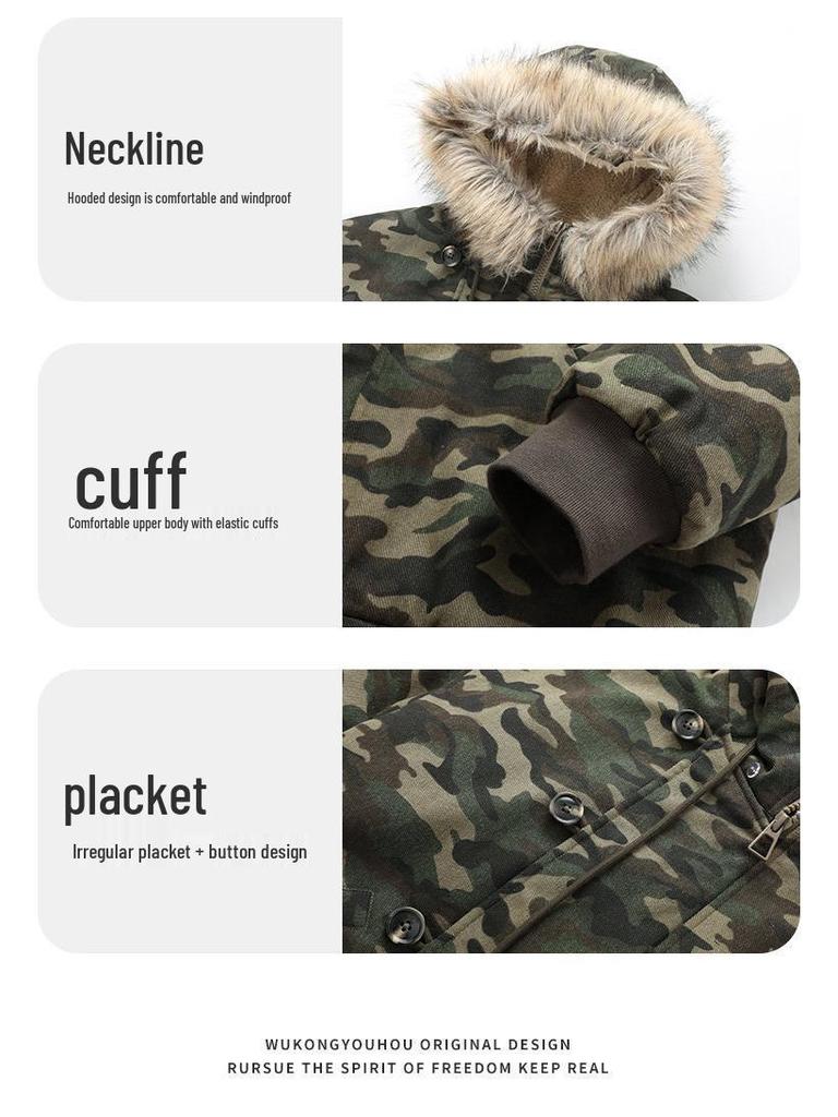 Giacca da Uomo Camouflage Trendy Americana 2025 con Cappuccio e Collo in Pelliccia di Aquila di Montagna - Capospalla Spesso Retro High Street
