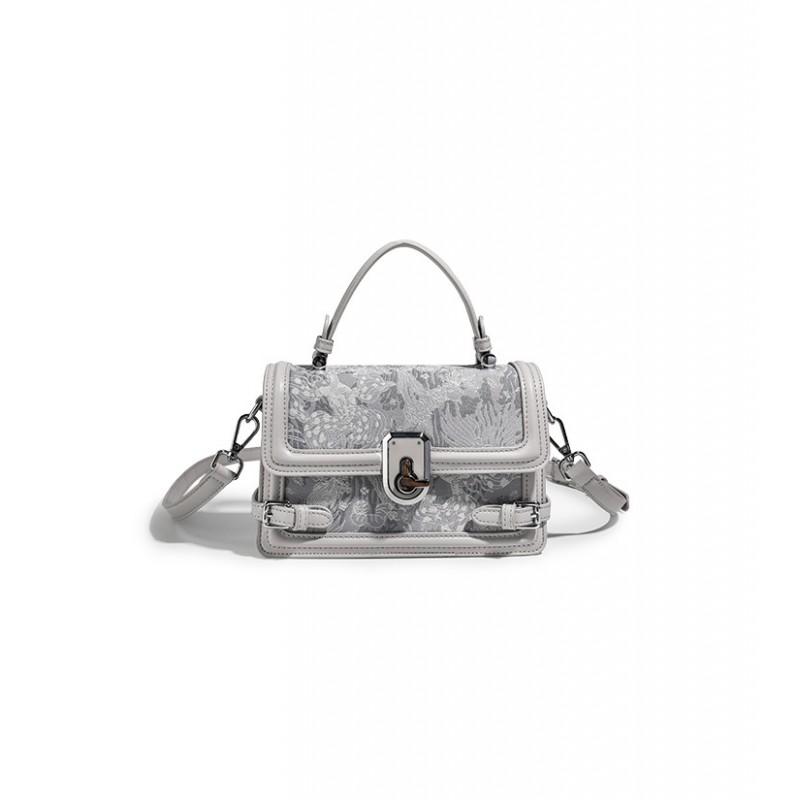 Mini Square Crossbody Bag With Lock Cotton Linen Embroidery Handbag Women Daily Use
