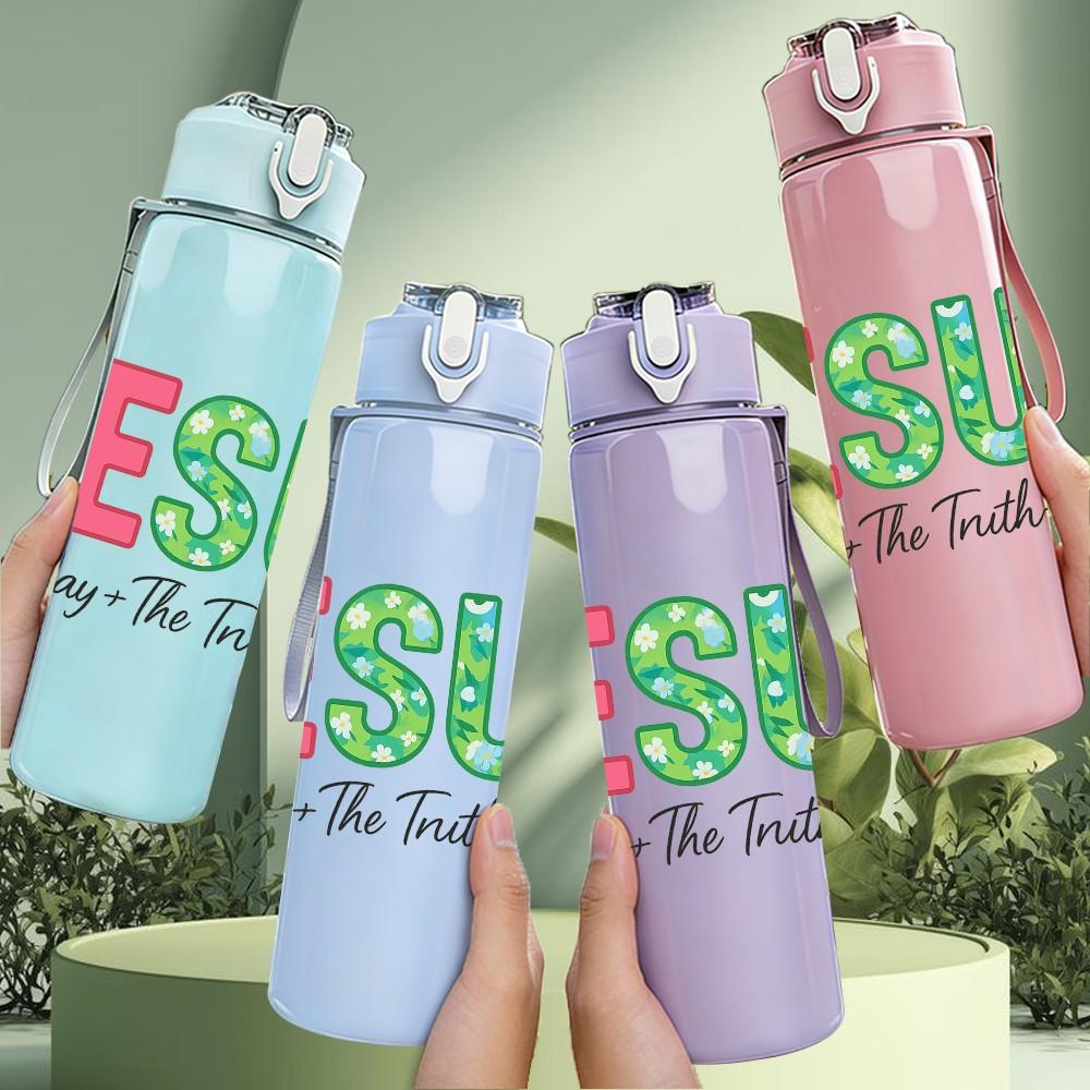 1PC Jesus Faith Three Words 750ml Color Plastic Sports Water Bottle Leakproof Flip Straw Lid Suitable for Sports Office Home Use