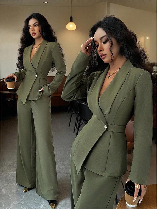Women's Tailored V-Neck Blazer and Wide Leg Pants Suit Set