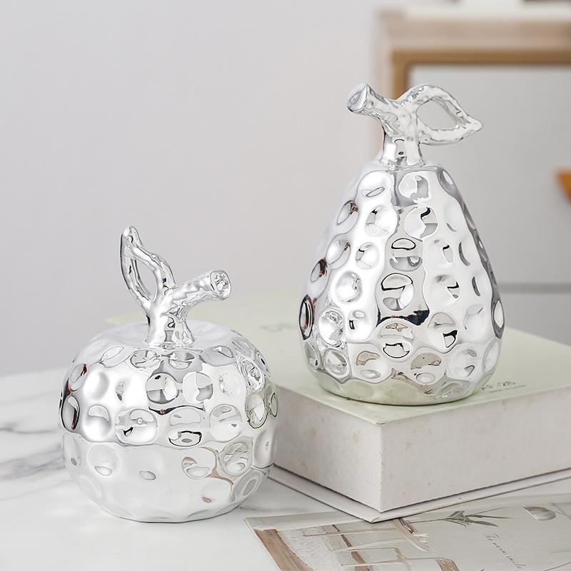 Ceramic Electroplated Sculpture Golden Silver Apple Pear Ornament Figurines Decoration Crafts Desktop Home Decor Accessories