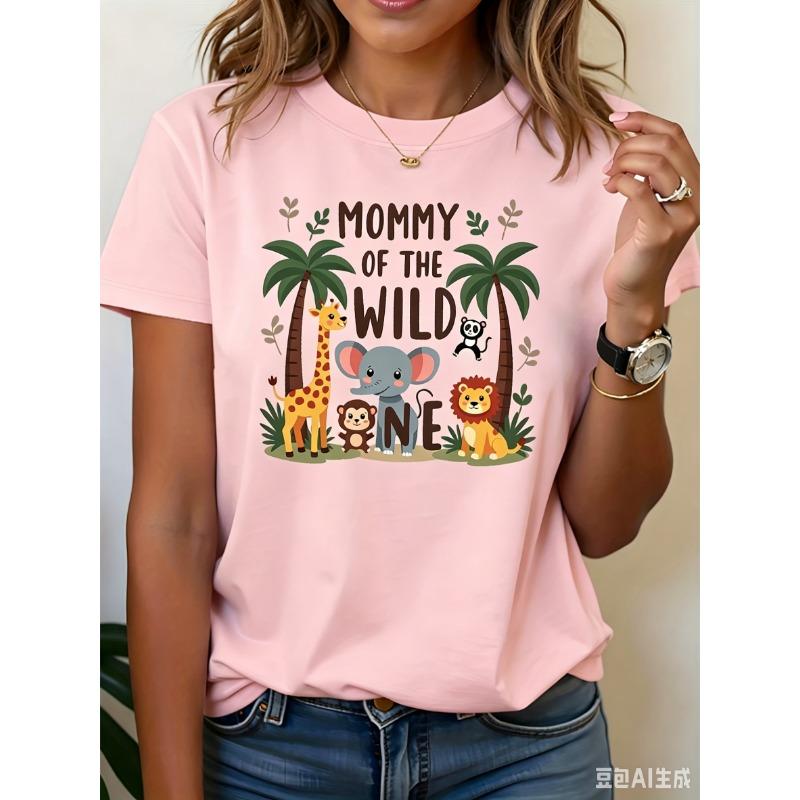 Women's "Mommy of The Wild One" Safari Animal Print T-Shirt Polyester Casual Short Sleeve Tee Summer Fashion Top Women Clothes