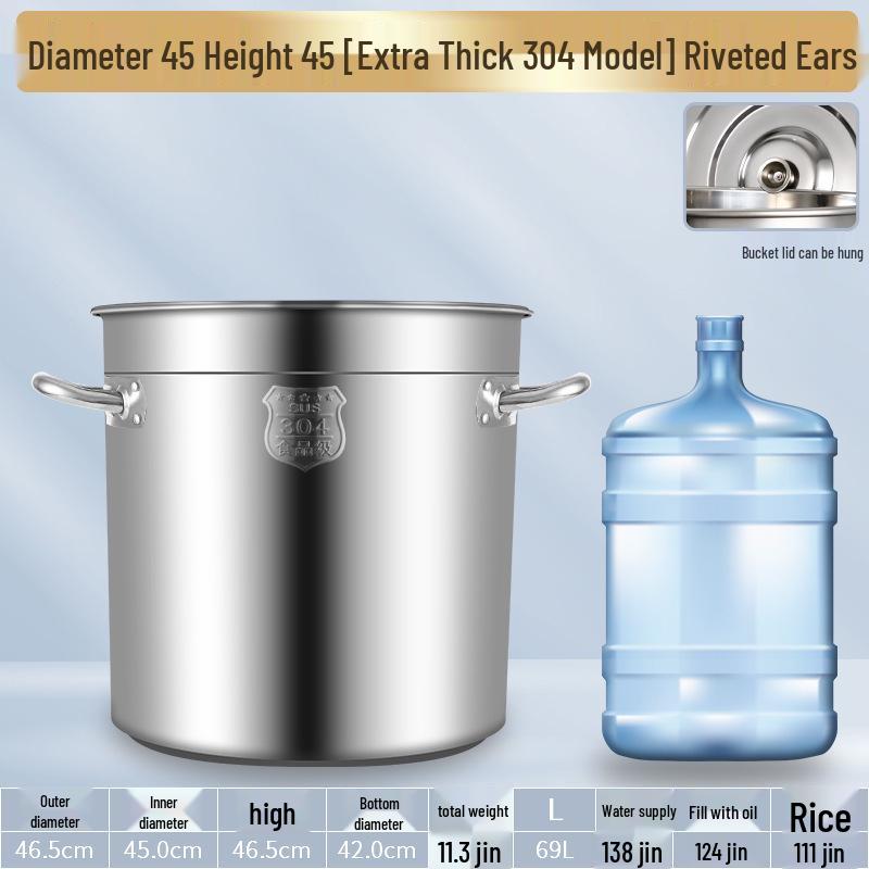 304 Stainless Steel Soup Pot with Lid - Thickened Round Barrel for Commercial Use, Ideal for Rice, Water, Braised Meat, and Porridge.