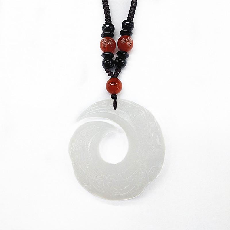 Antique Afghan White Jade Universe Good Luck Pendant with Recurrent Pattern Sweater Chain