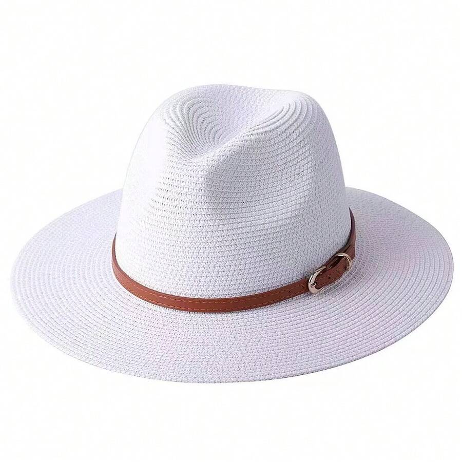Women Wide Brim Straw Sun Hat With Belt Buckle Beach Summer Hat