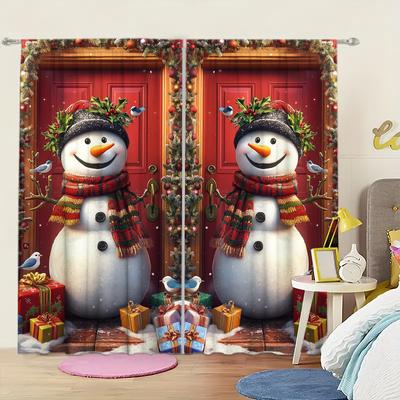 2pcs Christmas Snowman Printed Curtain for Christmas Home Decor - Rod Pocket Window Treatment for Bedroom, Office, Kitchen