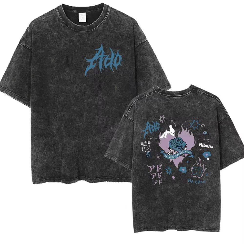 ADO Hibana World Tour Vintage Washed T Shirts Japanese Singer Fashion Oversized Tshirts Casual Aesthetic Short Sleeve Tees