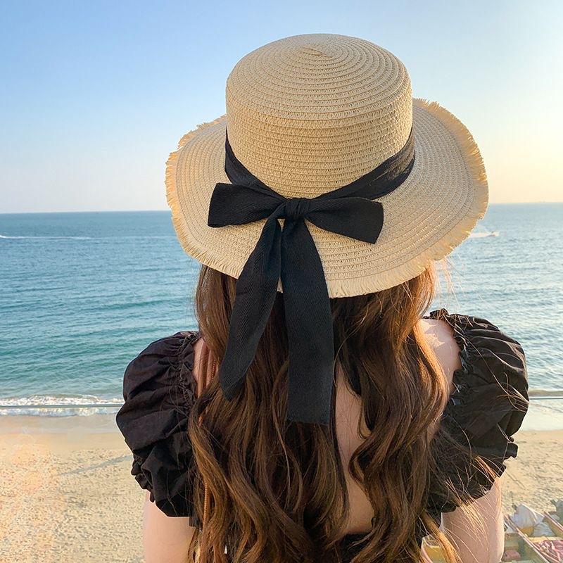 Lace straw hat women's summer bow large brim sunshade sun hat seaside vacation beach sun hat