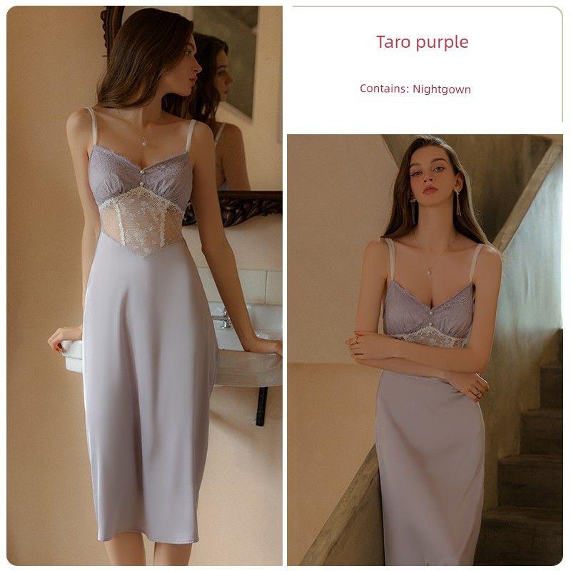 

Good Morning with You: French Sexy Purple Ice Silk Pajamas Lace Slip Nightdress Long with Chest Pad Homewear Summer Taro Purple (Single Nightgown) 170 (XL)