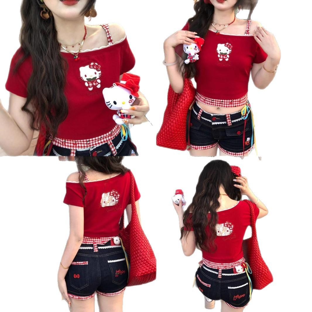 Embroidered kitty cat sweet babe lace slanted shoulder short-sleeved t-shirt women s summer plaid hem pure desire short top S