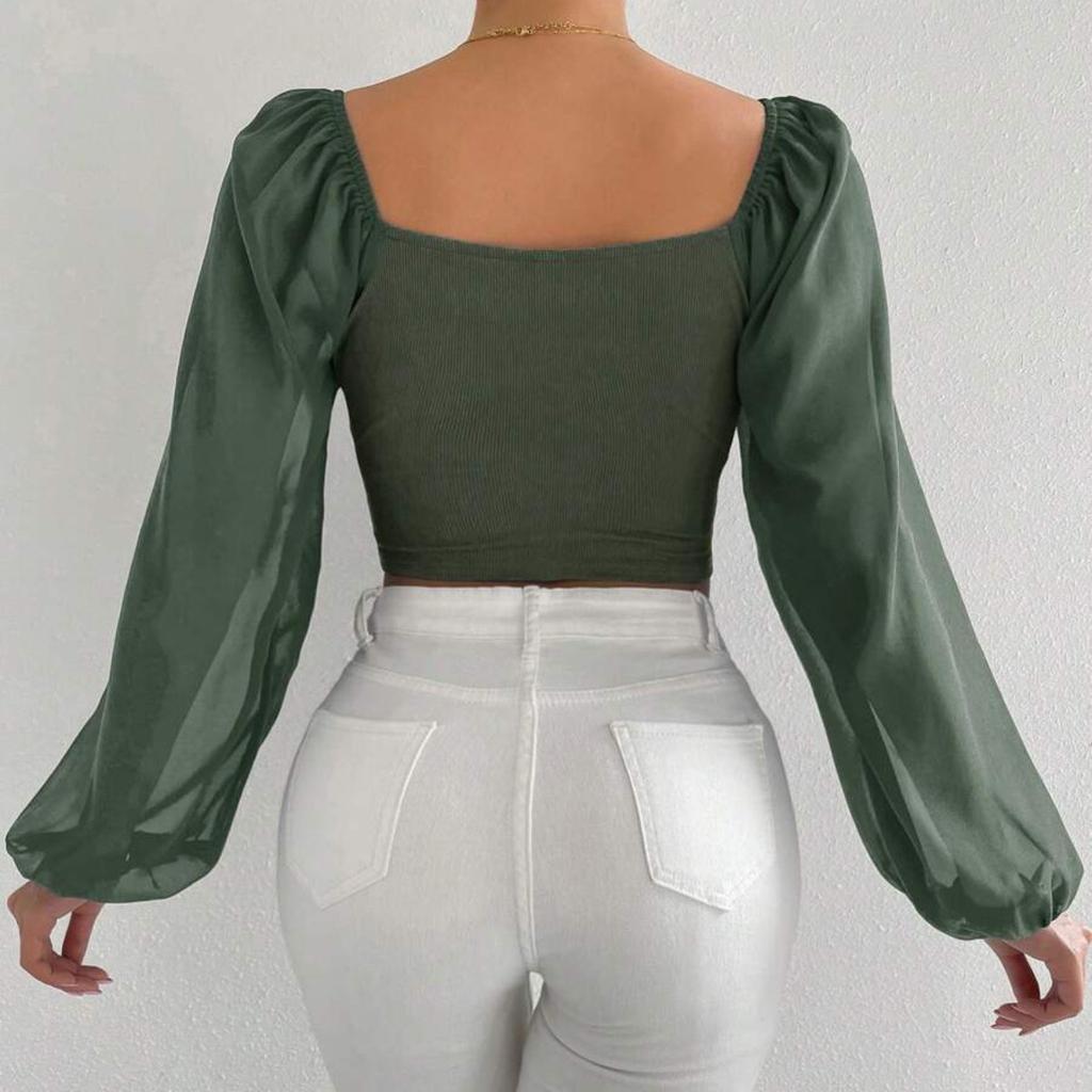 Women's Sweetheart Neck Drawstring Puff Sleeve Cropped Top, French Style Casual Blouse for Women, European American Fashion