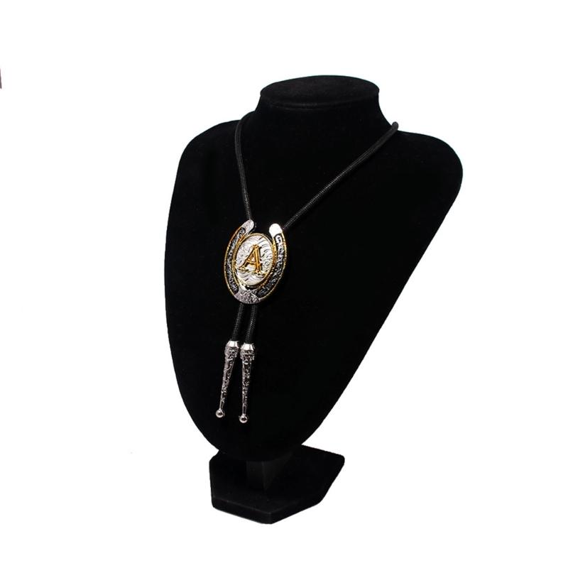 Unisex Adjustable Faux Leather Rope Bolo Tie with Metal Initial Letter Pendant Western Necklace Vintage Necktie Neckwear