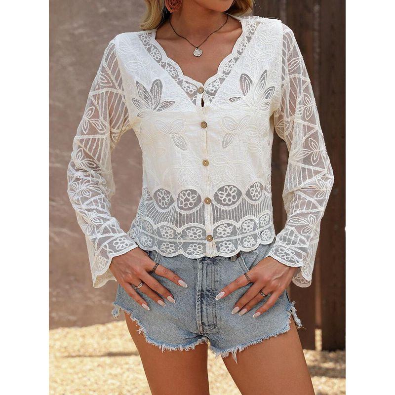New Arrival Fashion Lace V-neck Single Breasted See-through Lace Crochet Cut Out Cardigan Long Sleeves Sun Protection Shirt for Air Conditioned Rooms