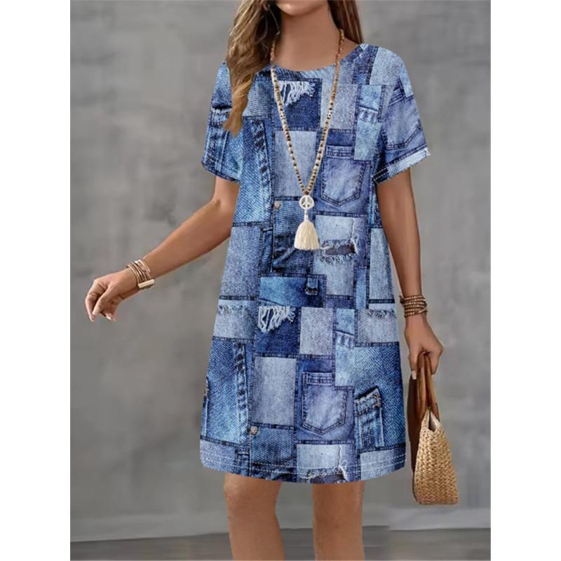 Women Dress Vintage Denim Blue Print Design Sense Fashion New Summer Elegant Casual Short Sleeve Dress Loose Women A-Line Dress