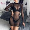 Lace Lingerie Sexy Hot Erotic Solid Color Babydoll Sleepwear Long Sleeve See Through Sheer Nightwear Bodycon Dress