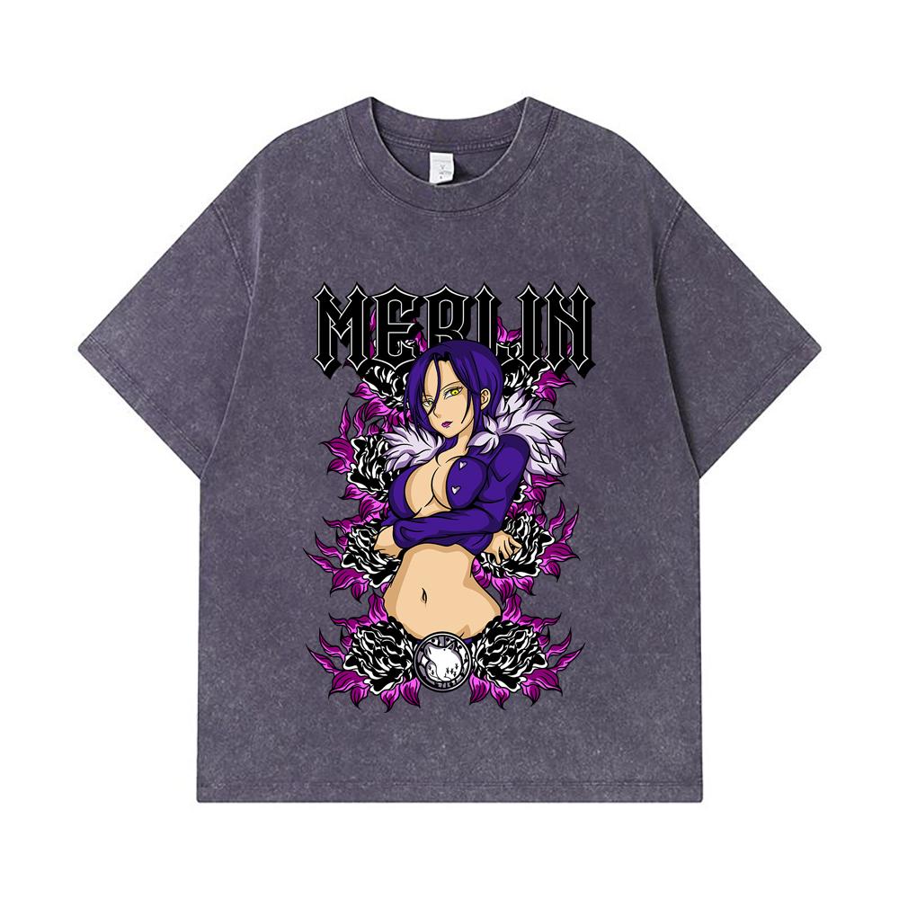 275 GSM Washed T-shirts 100% Cotton Seven Deadly Sins V8 Merlin Print Unisex Heavy Cotton T Shirt