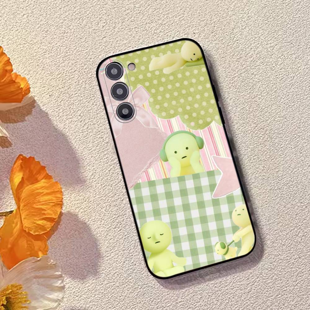Cute S-Smiski Green Guy Phone Case For Samsung Galaxy A73,A72,A71,A70,A53,A52,A51,Soft Silicone Black Cover
