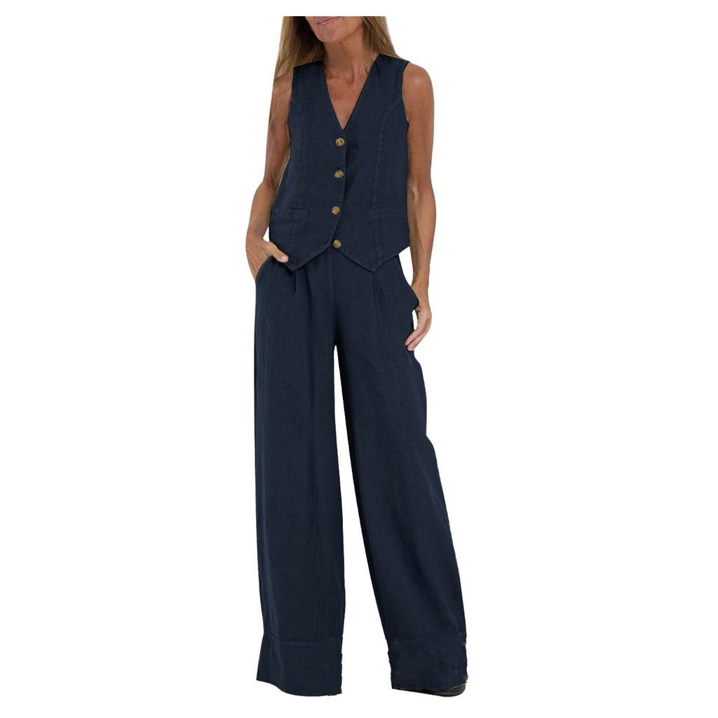 Fashion Vest, Pants, Patchwork, Cotton and Linen Casual Suit for Women