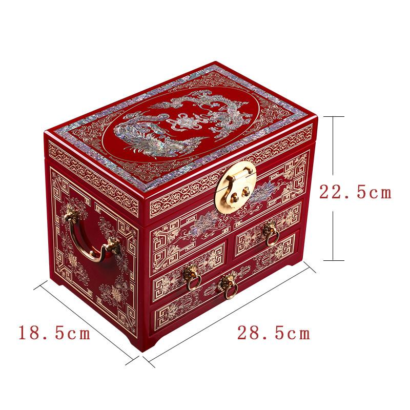 Vintage Wooden Jewelry Box with Copper Wire Inlay Mother of Pearl Handcrafted Pingyao Lacquerware