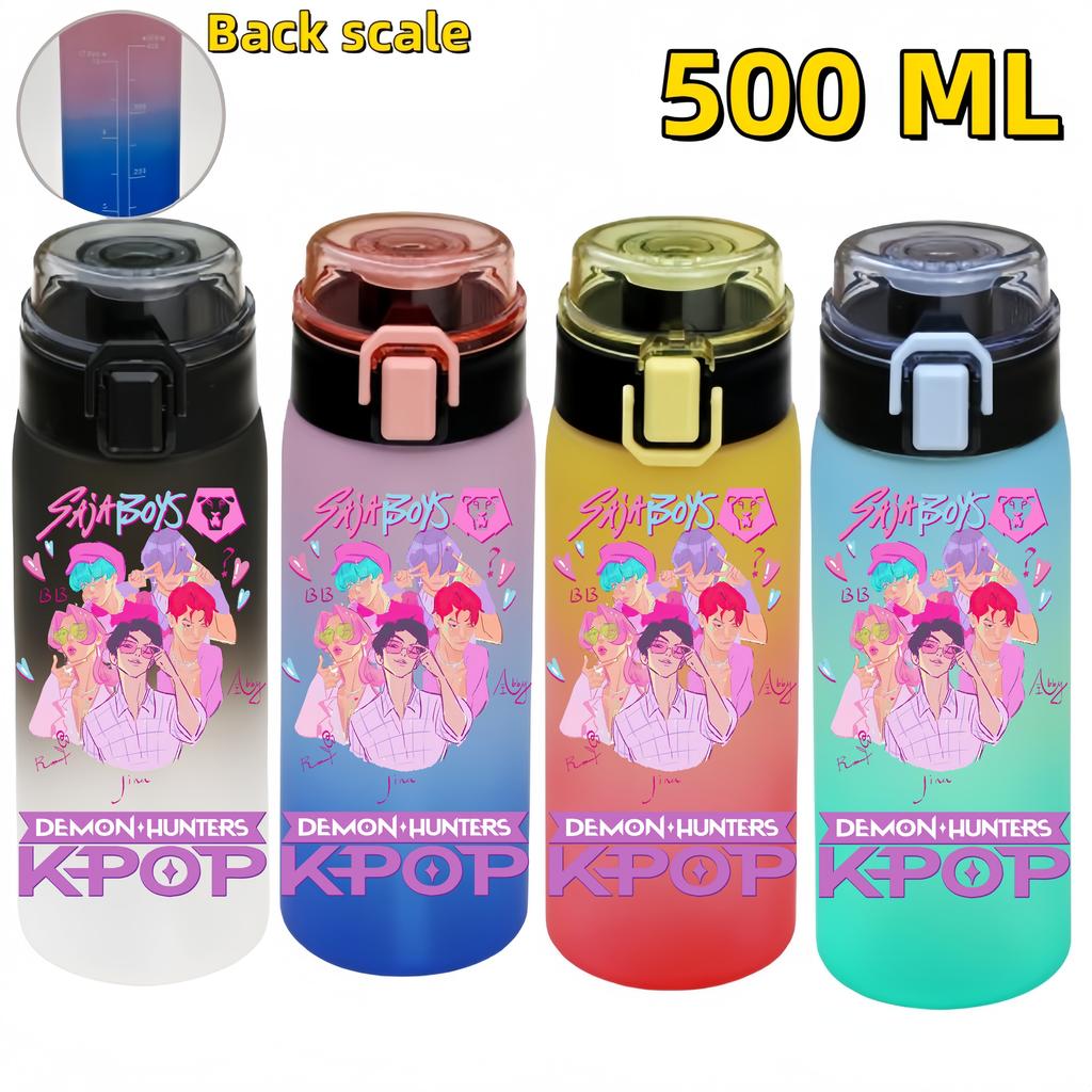KPop Demon Hunters Sports Water Bottle Portable Leak Proof Plastic Cup Level Line Outdoor Fitness 500ML with for Kid Friendly Entertaining Fun Play