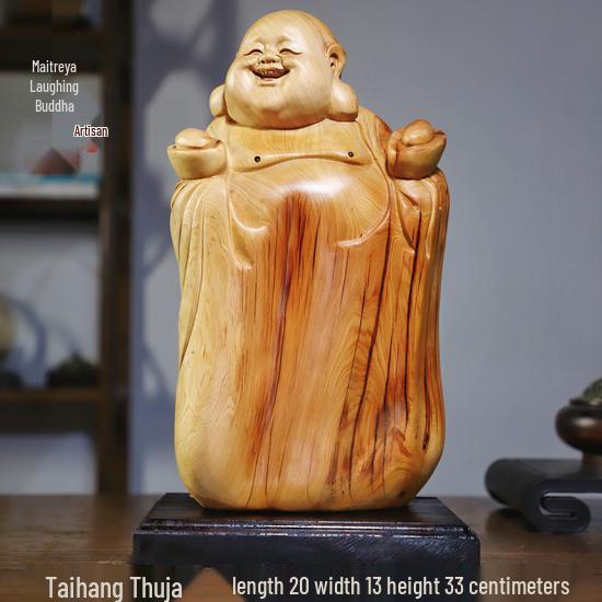 Intaglio Radice di Legno di Cipresso di Scogliera: Ornamento Daruma Maitreya Buddha in Legno Massello in Zafferano Dorato e Legno di Rosa Nanmu.