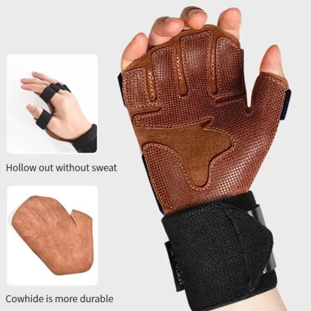 1 Pair Cowhide Ventilated Gym Wristband Four-finger Fitness Workout Gloves  Deadlift