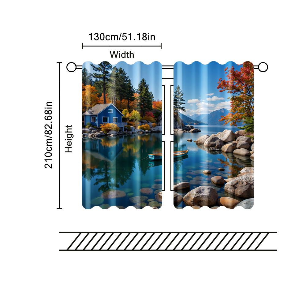 2 Pcs, Filtering Curtains (excluding Rods, Non-movable, Without Batteries) Shoreline Boat Scene for Use In Bedrooms and Living